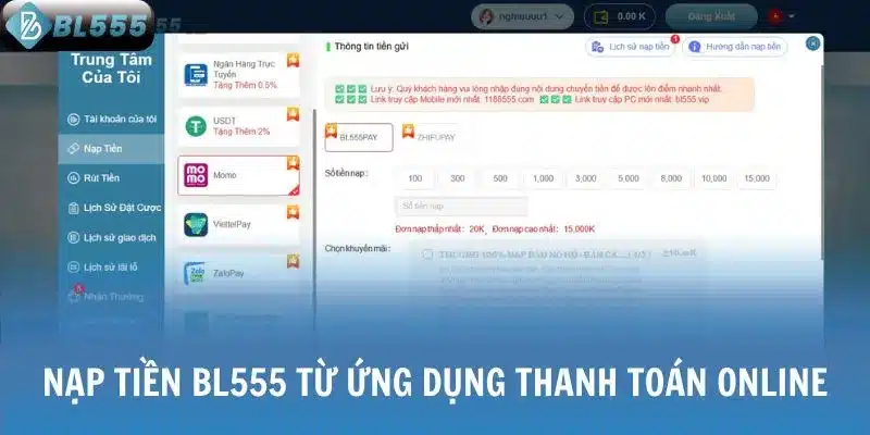 Nạp tiền BL555 từ ứng dụng thanh toán online